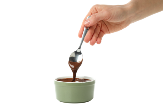 PNG,Chocolate paste in a bowl with nuts, isolated on white background