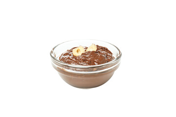PNG,Chocolate paste in a bowl with nuts, isolated on white background