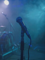 Obraz premium A microphone sits atop a wooden table, ready for use
