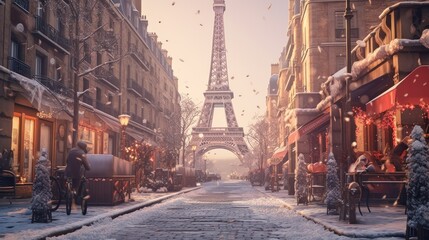 Snowy Parisian Street with Eiffel Tower in the Background