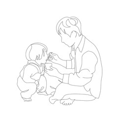 しゃがんだ赤ちゃんにパパがご飯を食べさせる線画