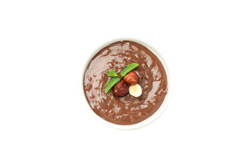 PNG,Chocolate paste in a bowl with nuts, isolated on white background