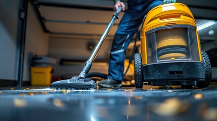 Fototapeta premium A person using a vacuum cleaner in a garage, showcasing efficient cleaning on a shiny floor with visible debris.