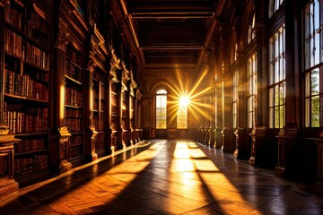 Fototapeta premium the AI Image Generator, Majestic Antique Library Hallway