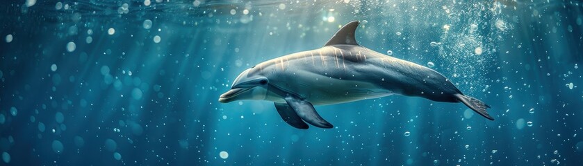 Fototapeta premium Majestic Dolphin Swimming Underwater in Sunlit Ocean with Bubbles and Sparkling Water
