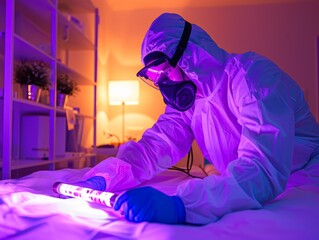 A worker in protective gear inspecting a surface with a UV light in a dimly lit room, highlighting safety protocols and cleanliness.