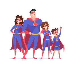 superheroes family. strong and happy male and female heroes mother father and kids standing in heroic poses © ONYXprj