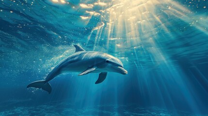 Naklejka premium Majestic Dolphin Swimming Underwater with Sunlight Beams in Crystal Clear Ocean