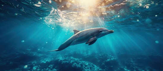 Obraz premium Graceful Dolphin Swimming Underwater with Sunlight Streaming Through Crystal Clear Ocean Waters