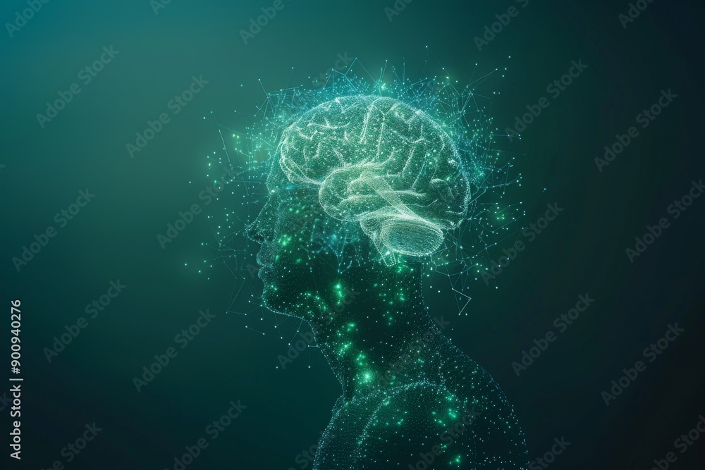 Poster abstract digital rendering of a head with glowing neural connections symbolizing cognitive processes