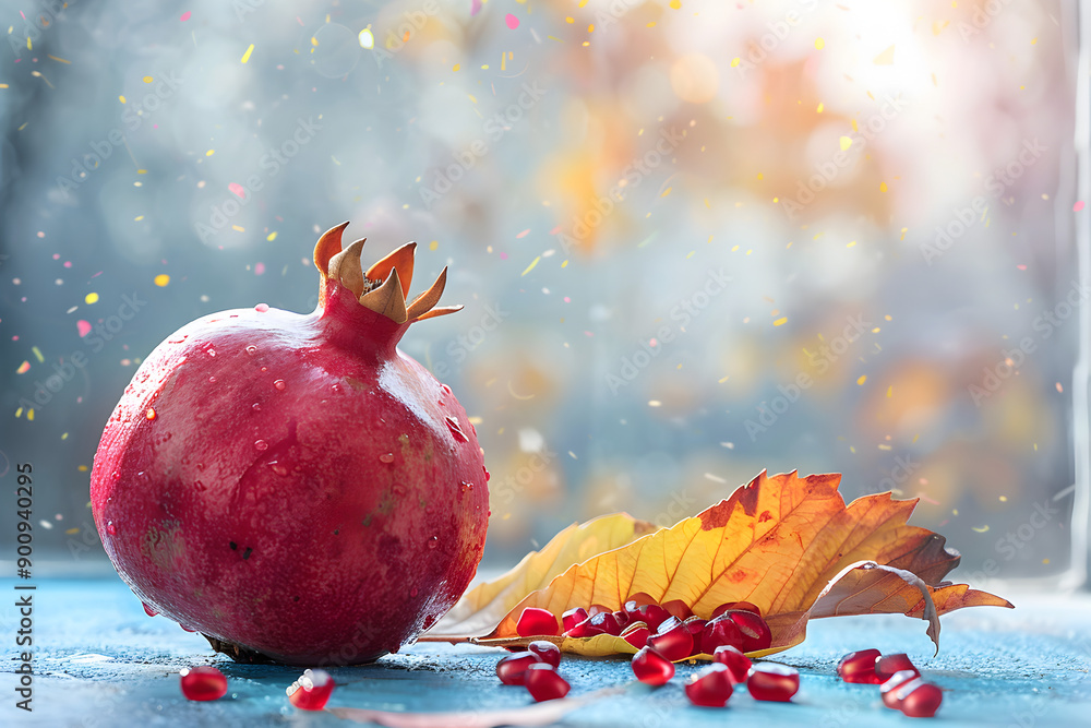 Sticker Pomegranate on a table with leaf