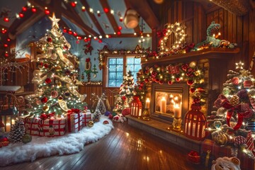 Fototapeta premium Christmas tree in the room near the fireplace and with festive decorative decorations. Evening cozy festive atmosphere