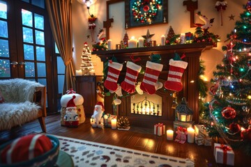 Fototapeta premium Christmas tree in the room near the fireplace and with festive decorative decorations. Evening cozy festive atmosphere