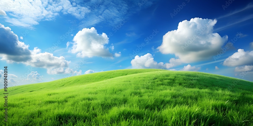 Poster landscape view of green grass on slope with blue sky and clouds background ai generative