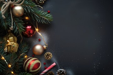 Golden Christmas baubles and decorations with a wrapped present on a dark background