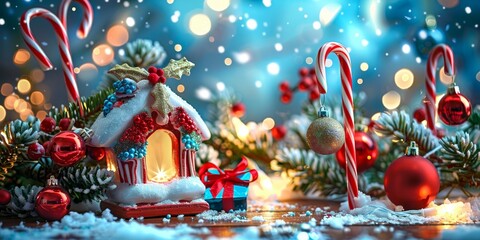 Naklejka premium Festive Christmas decorations with candy canes, ornaments, and a gingerbread house on a snowy background
