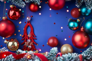 Festive Christmas scene with red, blue, and gold ornaments, gingerbread tree, and candy canes on a blue background. Perfect for holiday celebrations