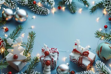 Christmas background with gifts box and decorative holiday decorations. Happy New Year and Merry Christmas