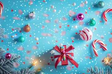 Christmas background with gifts box and decorative holiday decorations. Happy New Year and Merry Christmas