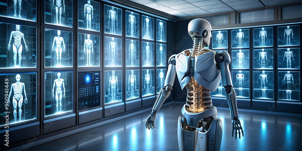 Aufkleber humanoid robot analyses skeletal scans on digital screens in medical research facility ai analytic m