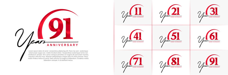 anniversary logotype set vector, black and red color with swoosh for special day celebration
