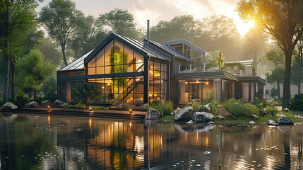 Obraz premium glass house in the forest with large window