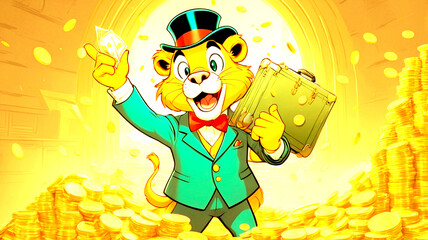 Create a logo for a cartoon YouTube podcast titled "The Takeover." The host is a cartoon lion dressed in a sharp, tailored suit, embodying a confident and humorous sales manager. The lion should be ho