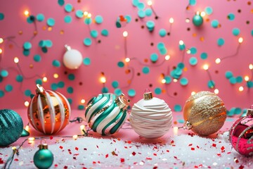 Obraz premium Christmas baubles and confetti on a pink background with string lights, creating a festive holiday scene.