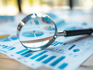 Magnifying glass and documents with analytics data lying on table,selective focus - ai