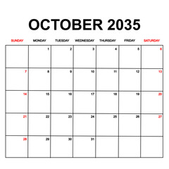 october 2035. Calendar with holydays or red dates. monthly calendar design with week starts on sunday. printable, simple, and clean vector design isolated on white background.