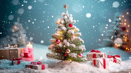 Small Christmas tree covered in snow with ornaments and gift boxes, creating a festive winter scene.