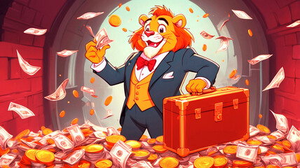 Create a logo for a cartoon YouTube podcast titled "The Takeover." The host is a cartoon lion dressed in a sharp, tailored suit, embodying a confident and humorous sales manager. The lion should be ho