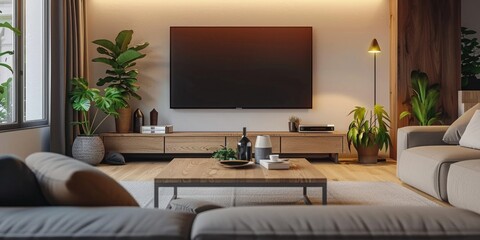 Cozy living space with couch, coffee table and television
