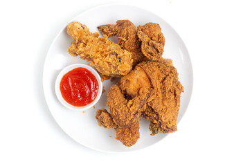 Crispy Fried chicken on a white plate isolated on white background. Perfect for recipes, articles or any cooking content.