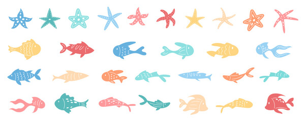 Illustration of fish and starfish set in bright colors. Various marine life forms with cartoonish, colorful patterns. Seaweed and water world, underwater vector designs.