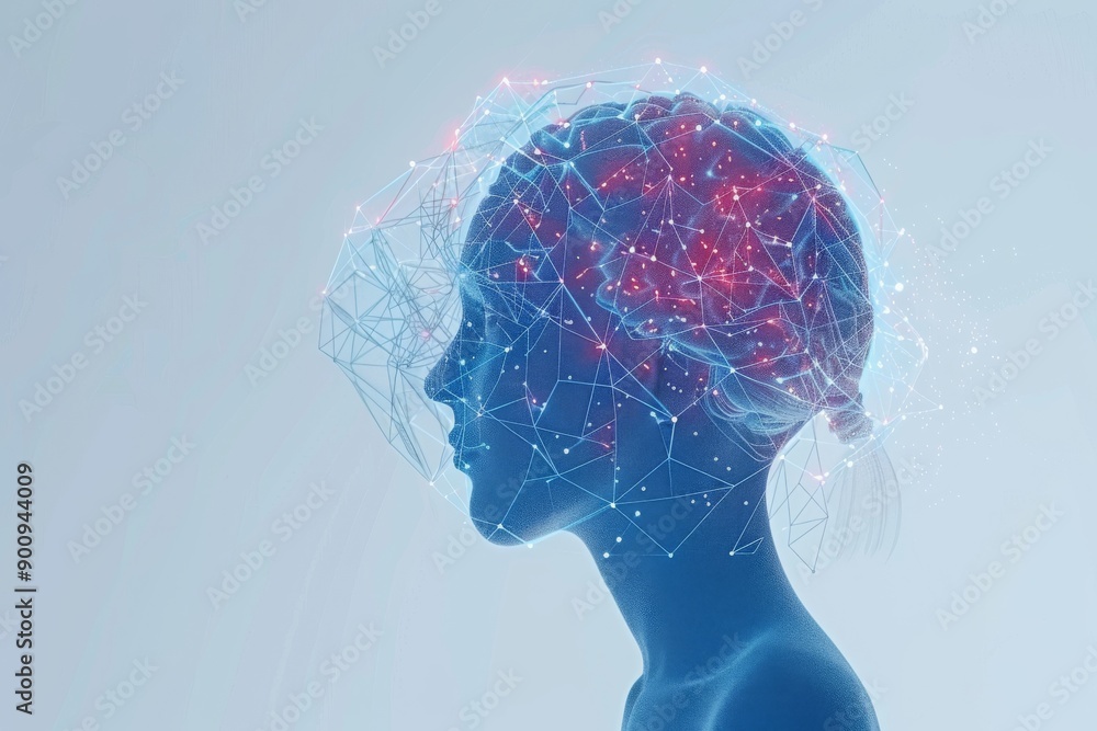Poster digital profile of a head with glowing neural connections symbolizing cognitive processes and techno