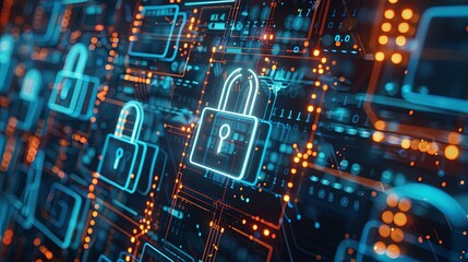 Obraz premium A computer screen with a blue background and orange and blue icons of locks