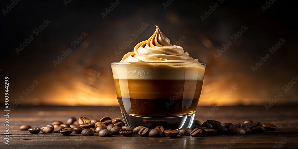 Poster whispy crema floats gently on top of rich espresso, creating decadent layer ai-created content, beve