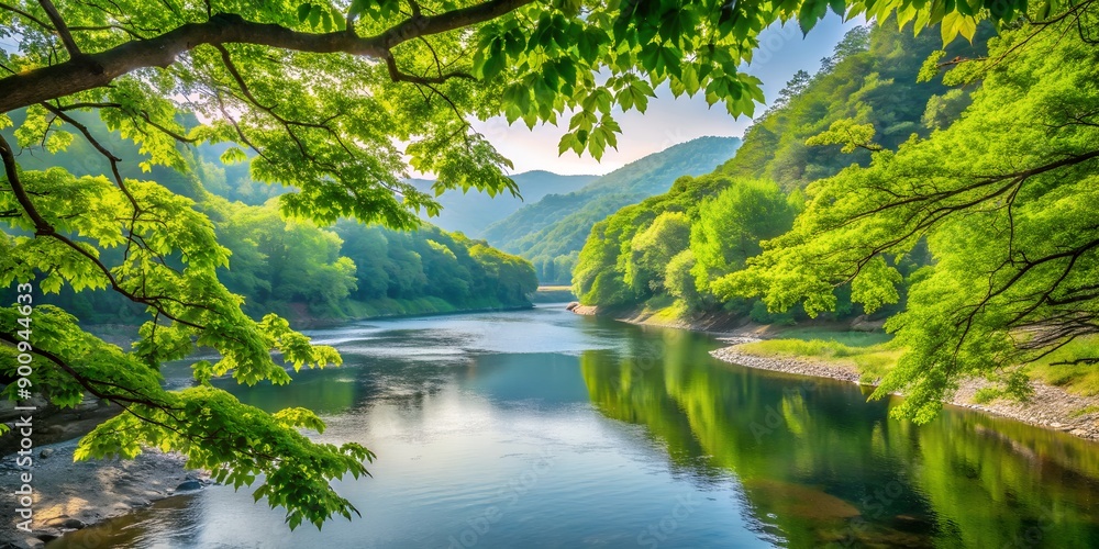 Poster river and yunseul seen through the leaves of trees ai generative