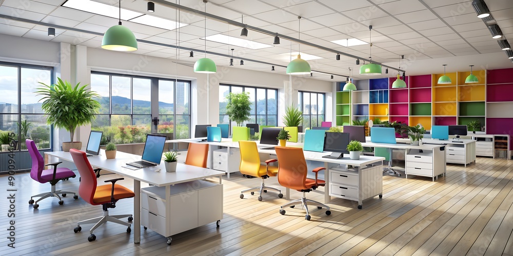 Poster a depiction of a modern office designed with productivity in mind utilizing vibrant ai-created conte