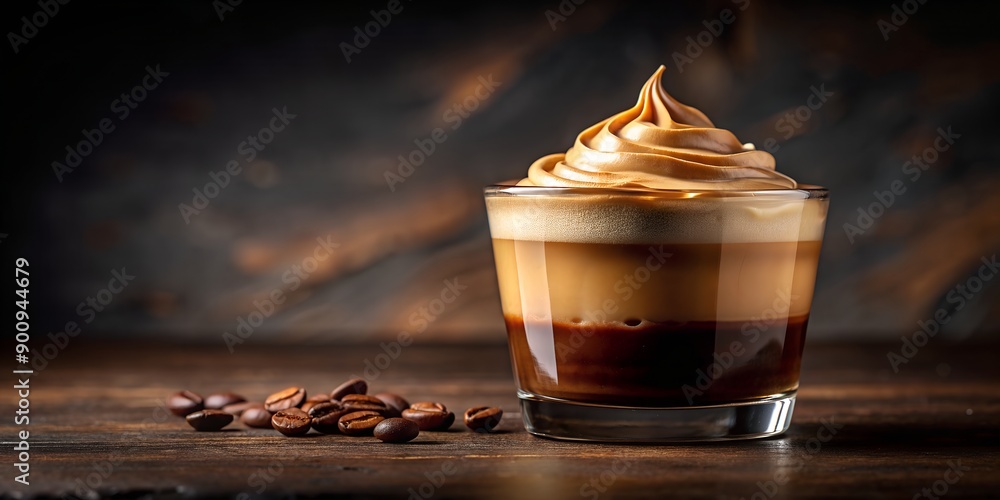 Poster whispy crema floats gently on top of rich espresso, creating decadent layer ai-created content, beve