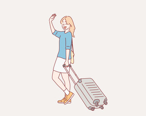 Young Woman with a Suitcase goes on vacation. Hand drawn style vector design illustrations.