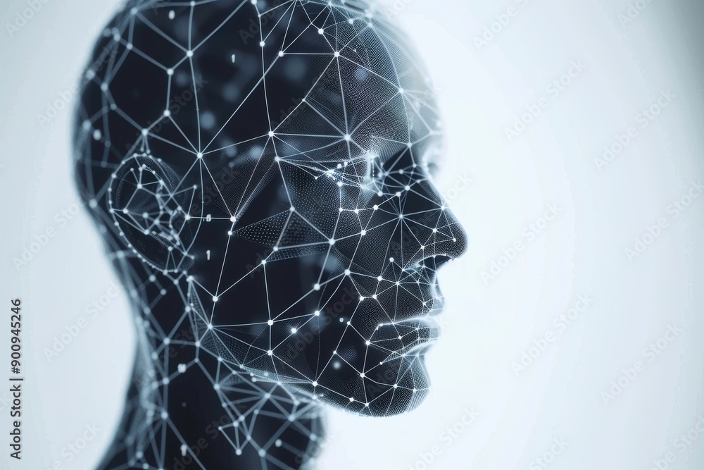 Poster monochrome digital profile of a man with glowing neural connections symbolizing cognitive processes 