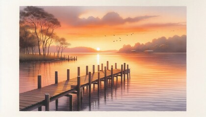 Obraz premium A calm watercolor painting depicting a wooden pier sloping gently into a charming lake at dusk