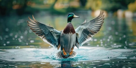 Obraz premium A duck swimming in calm water with its wings flapping