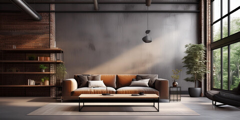  modern interior design of living room with empty industtrial style wall