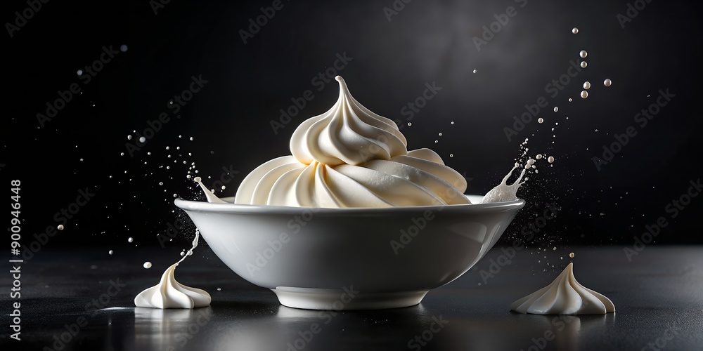 Poster softly rounded meringue splashes in white bowl on black background, creating striking contrast ai ge