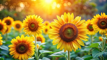 Obraz premium Beautiful sunflowers blooming in a vibrant garden, sunflowers, garden, summer, nature, yellow, petals, bloom, field, sunny