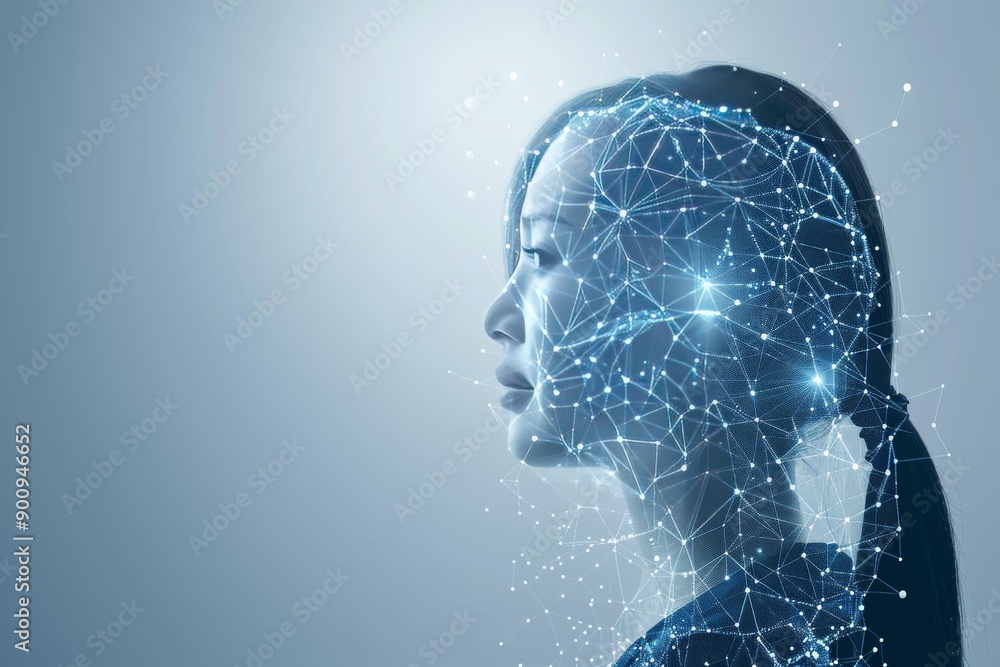 Poster digital profile of a woman with glowing neural connections symbolizing cognitive processes and techn