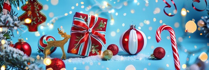 Fototapeta premium Festive Christmas horizontal blue banner web poster, header for website with decorative holiday elements. Merry Christmas and Happy New Year holiday background